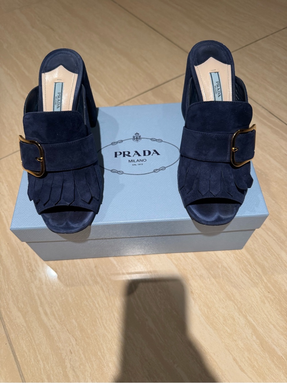 Prada Navy Suede Kiltie Mule with Buckle